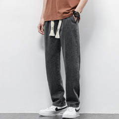 Summer Loose Wide Leg Jeans Pants Men's Drawstring Elasticated Straight Trousers