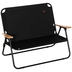 Double Folding Camping Chair, Loveseat for 2 Adults, Portable Camping Couch with Wood Armrest & Cupholders, for Backpacking, Black
