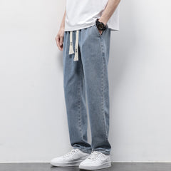 Summer Loose Wide Leg Jeans Pants Men's Drawstring Elasticated Straight Trousers