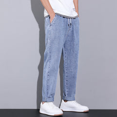 Summer Loose Wide Leg Jeans Pants Men's Drawstring Elasticated Straight Trousers