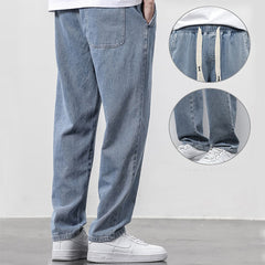 Summer Loose Wide Leg Jeans Pants Men's Drawstring Elasticated Straight Trousers