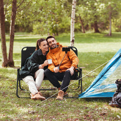 Double Folding Camping Chair, Loveseat for 2 Adults, Portable Camping Couch with Wood Armrest & Cupholders, for Backpacking, Black