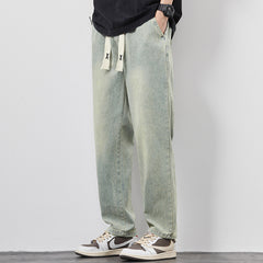 Summer Loose Wide Leg Jeans Pants Men's Drawstring Elasticated Straight Trousers
