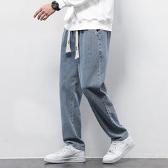 Summer Loose Wide Leg Jeans Pants Men's Drawstring Elasticated Straight Trousers