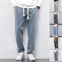 Summer Loose Wide Leg Jeans Pants Men's Drawstring Elasticated Straight Trousers