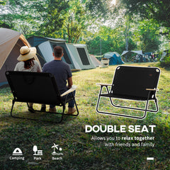 Double Folding Camping Chair, Loveseat for 2 Adults, Portable Camping Couch with Wood Armrest & Cupholders, for Backpacking, Black