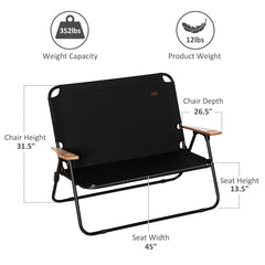 Double Folding Camping Chair, Loveseat for 2 Adults, Portable Camping Couch with Wood Armrest & Cupholders, for Backpacking, Black