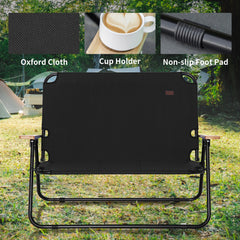 Double Folding Camping Chair, Loveseat for 2 Adults, Portable Camping Couch with Wood Armrest & Cupholders, for Backpacking, Black